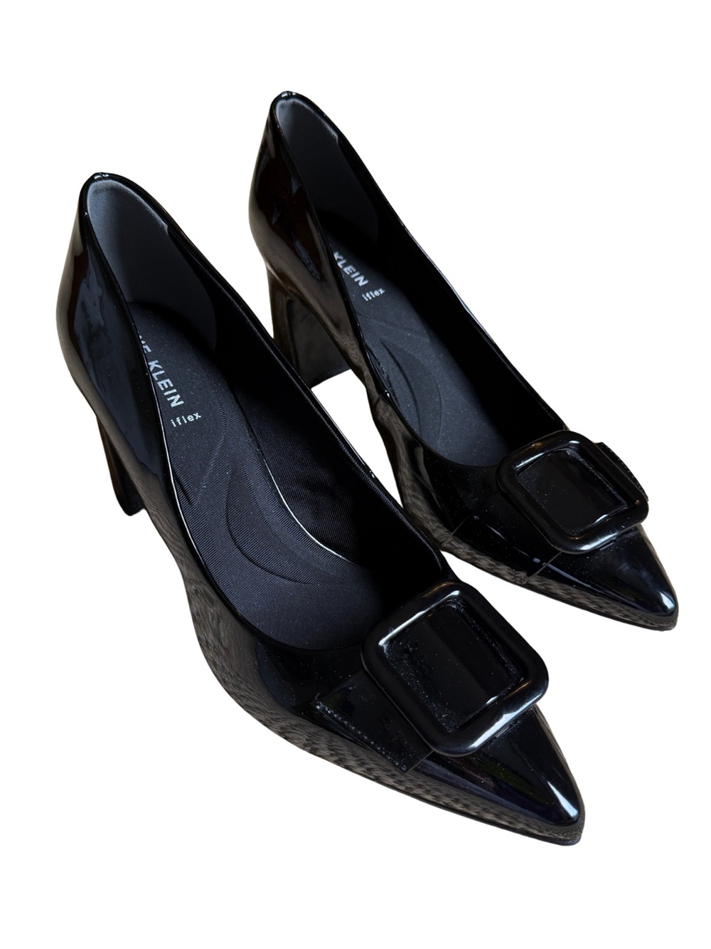 Anne Klein Black Patent Pointed Toe Pumps with Front Buckle